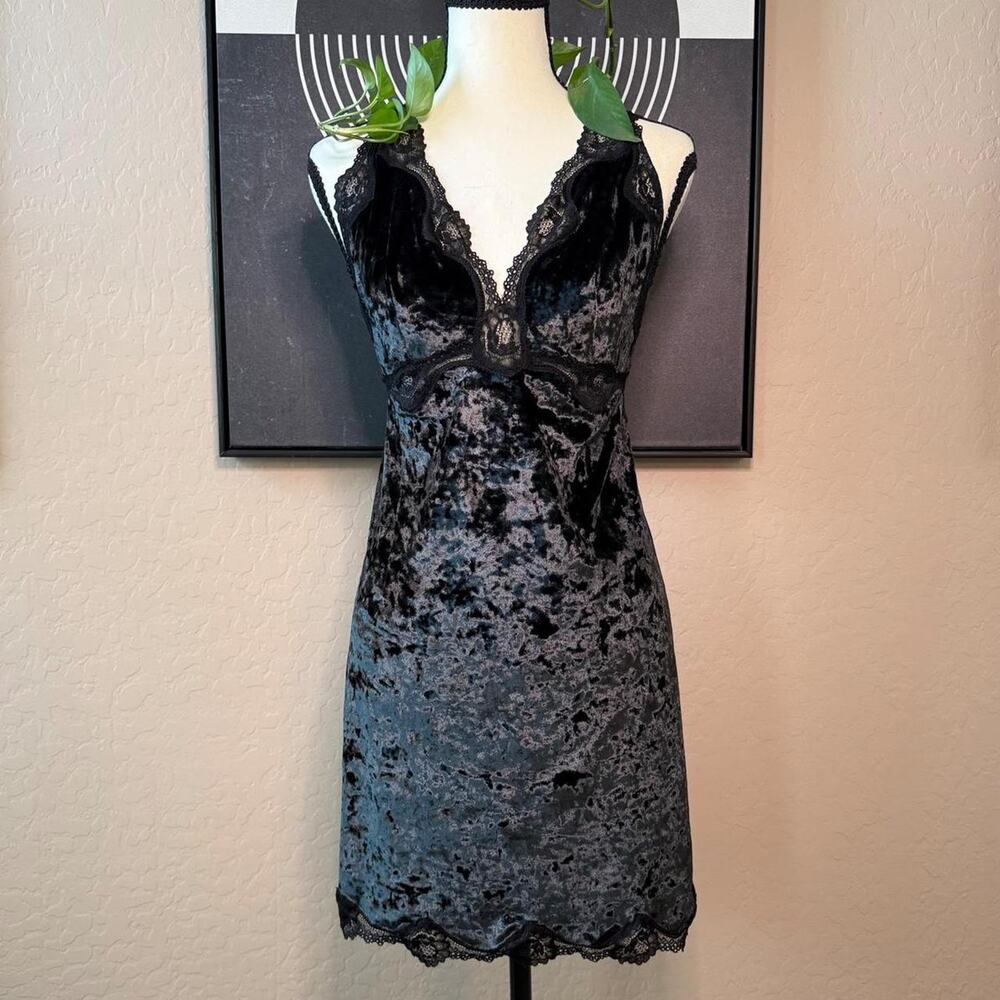 Victoria’s Secret Black Crushed Velvet Lace Slip Mini Dress